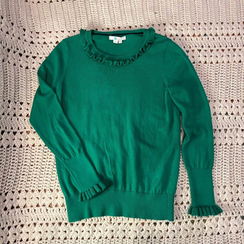 Boden Kelly Green Ruffle Neck and Cuff Wool/Cotton Blend Sweater Size 8
